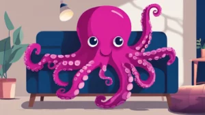 Ein magentafarbener Octopus sitzt freundlichen lächelnd auf einem dunkelblauen Sofa.